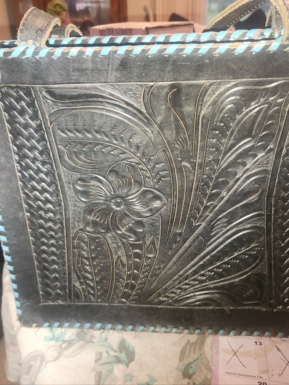 Hand-Tooled Black Leather Floral Wall Art with Turquoise Stitching 10x12